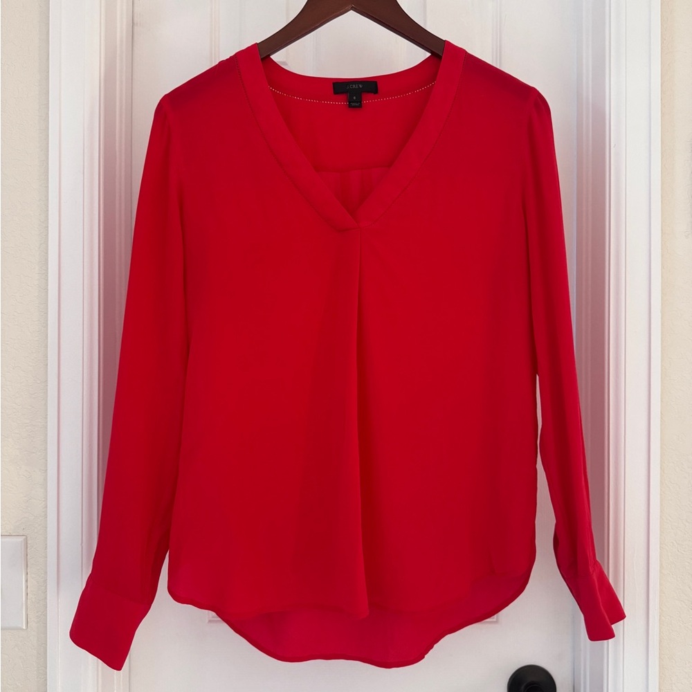 J. Crew Belvedere Red 100% Silk Drapey V-Neck Blouse Size 6